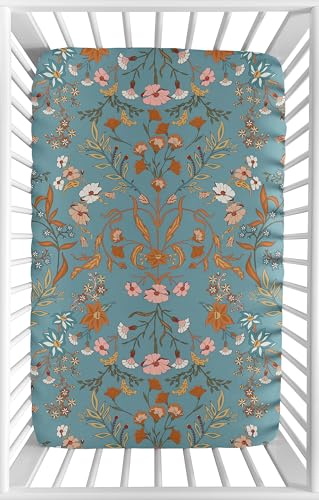 Image of Sweet Jojo Designs Baby Fitted Mini Crib Sheet (Blue Wildflower Vintage Floral) for Girls, Newborn /Infant Nursery, Play Yards, Portable Cribs (Boho, Botanical, Bohemian, Farmhouse, Cottagecore, Teal)