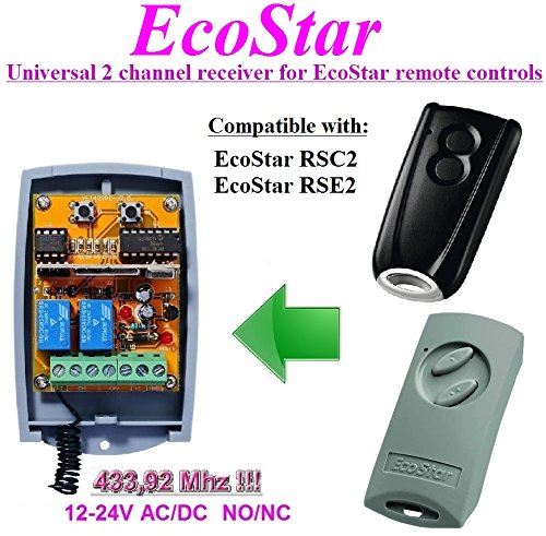 EcoStar compatible Récepteur portail. Universal 2-canaux Récepteur pour for EcoStar RSC2, EcoStar RSE2 télécommandes. 12-24V AC/DC, NO/NC 433.92Mhz rolling / fixed code