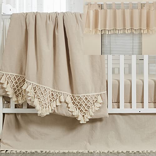 Brandream 4Pcs Gender Neutral Boho Bohemian Baby Girl Boy Nursery Crib Bedding Set Solid Color Beige Farmhouse Chic Unisex Minimalist Tassel Fringe Macrame 100% Washed Cotton #TOP23