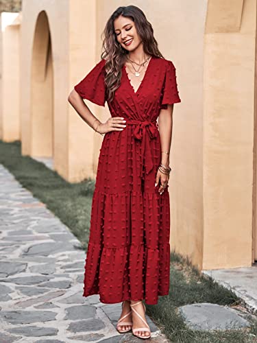 Image of MASCOMODA Women Boho Swiss Dot Maxi Dresses Wrap V Neck Flutter Short Sleeve Solid Tie Waist A Line Tiered Flowy Long Dresses