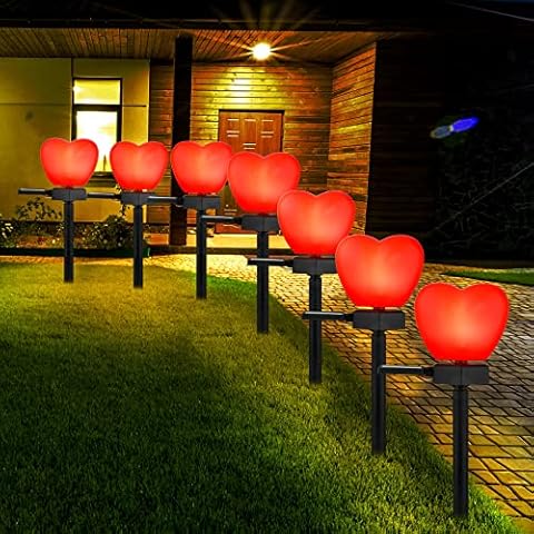 Hortsun 8 Pack Valentine's Day Solar Stake Lights Red Heart Waterproof Lights Landscape Garden LED Heart Light Warm White Solar Pathway Lights for Patio Lawn Outdoor Solar Lights Walkway Decoration Cover