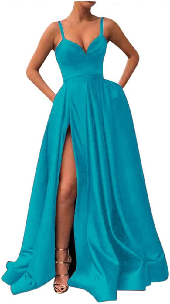 Fanciest Women's Spaghetti Straps Slit Satin Prom Evening Dresses with Pockets