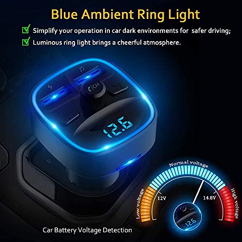 Bluetooth Fm Transmitter For Car, Blue Ambient Ring Light Wireless Radio Car Receiver Adapter Kit With Hands-Free Calling, Dual Usb Charger 5V/2.4A And 1A, Support Sd Card, Usb Disk (Black) #TOP3