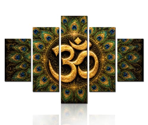 Sanskrit Aum Artwork Black and White Pictures Hindu Religion Paintings Brahmanism Symbol Wall Art for Living Room 5 Panel Printed on Canvas Home Modern Decor Framed Ready to Hang Gift(60''Wx40''H)