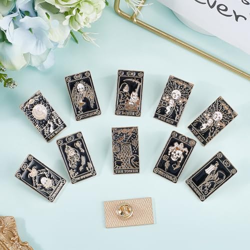 Image of SUNNYCLUE 1 Box 11 Styles Tarot Pins Magic Enamel Pins Bulk Black Occult Lapel Alloy Mystical Skull Ghost Sun Star Moon Goth Brooches for Women Backpacks Pattern Men Hats Bags Gift Accessories Decor