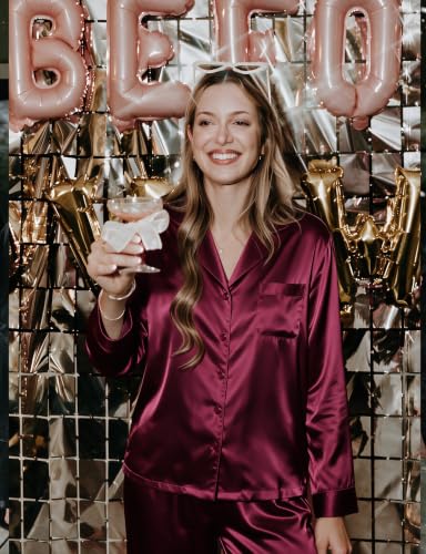 Image of SWOMOG Long Sleeve Pajamas Set Silk Satin Sleepwear Button Down Pjs Loungewear with Pocket