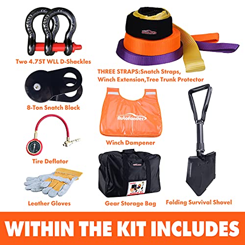Autofonder 11Pcs Recovery Gear Offroad 4X4 Kit-3 Pk Snatch Straps+2 D-Shackles+Snatch Block+Folding Survival Shovel+Tire Deflator+ Leather Gloves+Winch Dampener +Gear Bag- Tow Strap Recovery Set #TOP1