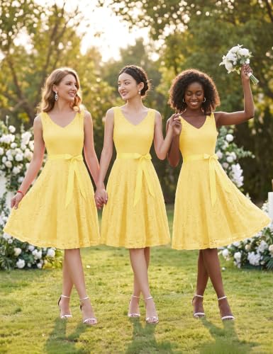 Image of Dressystar Women's Floral Lace V Neck Short Bridesmaid Cocktail Party Dress