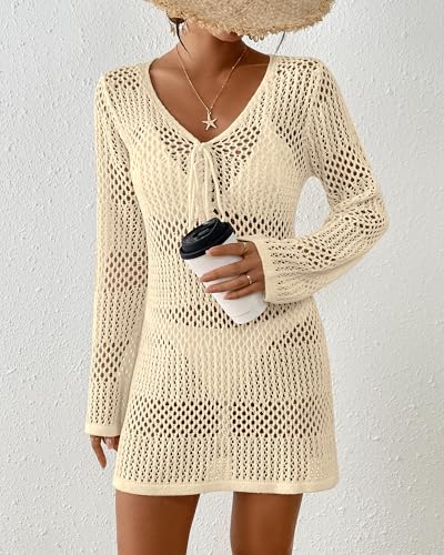 Image of Bsubseach Women Swimsuit Crochet Coverup Long Sleeve V Neck Beach Dress