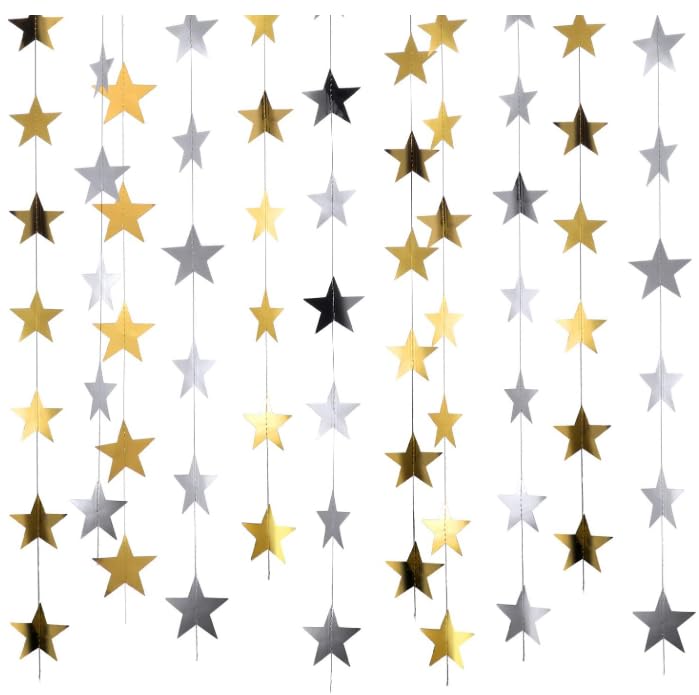 Image of Gold Silver Glitter Star Garland Hanging Decorations, Streamer Bunting Banner Decorations,65 Feet, Twinkle Star Backdrop for Graduation, Birthday, Wedding, Christmas Party, New Year (Gold Silver)