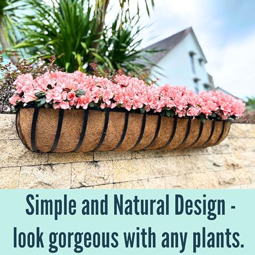 Image of LaLaGreen Deck Railing Planters (48 Inch, 2 Pack) Extra Large Rectangular Railings Flower Box with Coco Liner, Black Metal Bracket Balcony Hanging Planter for Outdoor Plants Over Rail Fence Porch
