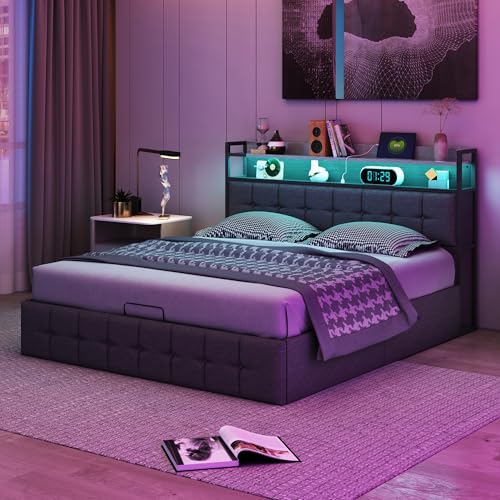 BRILVERDE Cama 140x190 cm con Canapé Abatible Hidráulico, Tapizada en Tela de Lino Gris, LED Integrado y Puertos USB/USB-C, Cabecero con Almacenamiento, Base Elevable con Somier