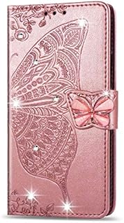 Reevermap Samsung Galaxy S20 FE Case Glitter Crystal Flip PU Leather Phone Cover for Samsung Galaxy S20 FE, Shockproof Wallet Card Slots Butterfly Gems Bling Shiny Magnet Kickstand, Rose Gold