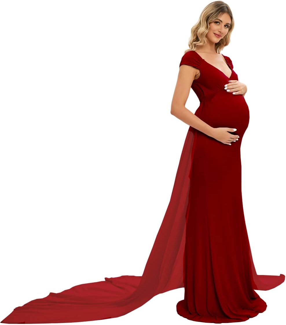 ZIUMUDY Maternity Fitted Gown Sleeveless Maxi Dress for Photoshoot Photography with Long Chiffon Train