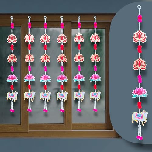 Image of Rajasthan Kraft Decorative Beads Hanging, Pack of - 6, with Lotus, Pom Pom & MDF Cow, for Beads, Size - 28 * 4 Inch, Perfect Used for - Home Decor, Festival Decoration & Wedding Decoration, (36805-6)