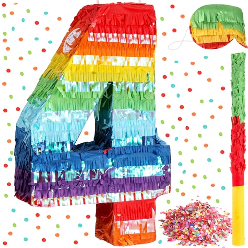 Piñata arc-en-ciel chiffre 4 pour l'animation de l'anniversaire de votre enfant