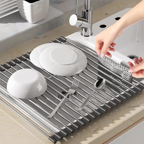 KAWAAN Égouttoir Vaisselle Acier Inoxydable, Égouttoir à Vaisselle Pliable, 45 x 35cm, Séche Vaisselle pour Égoutter Vaisselle, Fruits et Légumes-Noir