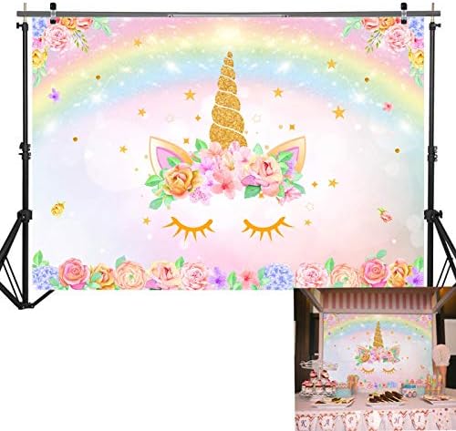 Unicorn Rainbow Pink Flower Gold Glitter 7X5ft Photography Backdrop for Girls Kids Birthday Baby Shower Unicorn Party Supplies Pictures Decorations Background Photo Studio Props Banner