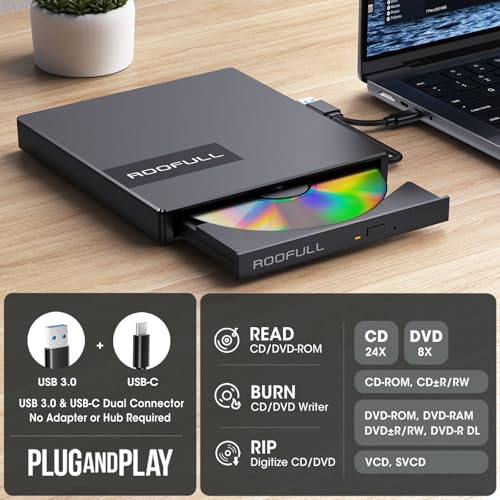 Image of ROOFULL External CD DVD Drive for Laptop USB 3.0 & USB-C | 8-IN-1 CD DVD Optical Disk Drive Burner Writer with USB Ports + SD /TF Card Reader + Carrying Case for Windows Mac Linux PC
