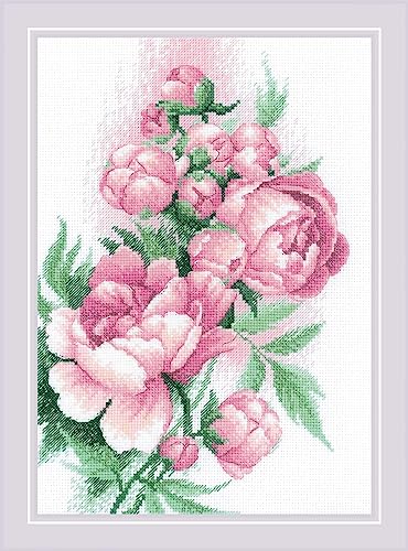 Image of RIOLIS - Lush Peonies 2138, Cross Stitch Kits 8 inch x 11 inch, Cross Stitch Kits for Adults, Floral Counted Cross Stitch Kits, Embroidery Kit for Beginners & Advanced, Crossstitching Kits