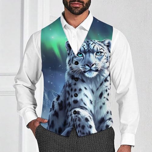 Snow Leopard Aurora Borealis Men's Formal Suit Vest for Business Formal Or Casual Dress Waistcoat Wedding2