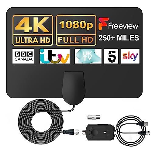 CNMTCCO TV Aerial Indoor with 250+ Miles Long Range Reception, Indoor TV Aerial for Freeview TV Support 4K 1080P Local HDTV Channels, Contains 13 ft Coax Cable ＆ Booster