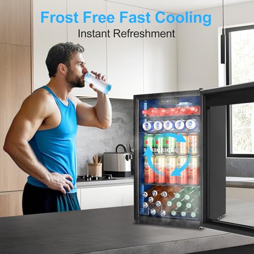 Image of Beverage Refrigerator 126 Can, Mini Beverage Fridge Small Beverage Cooler Stainless Steel with Glass Door Safety Lock, Drink Fridge for Beer Soda Wine, Perfect for Dorm Office Hotel