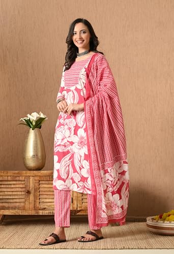 Image of Amazon Brand - Tavasya Women Cotton Anarkali Kurta Pant Dupatta Set | Printed Ethnic Suit Set | Flared Anarkali Kurta with Pant & Dupatta | Festive & Casual Wear