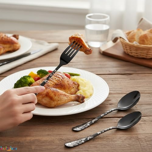 Image of Floral Black 15 Pcs Stainless Steel Cutlery Set for Dining Table, Dishwasher Safe Glossy Flatware (3 Spoon Set+3 Forks Set+3 Butter Knife+3 Dessert Spoon+ 3 FruitFork)