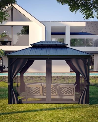 IDEALHOUSE 10' x 12' Outdoor Gazebo, Hardtop Patio Gazebo with Double Metal Roof, Mosquito Netting and Privacy Curtains, Permanent Canopy Shelter for Backyard, Garden, Lawn, Deck