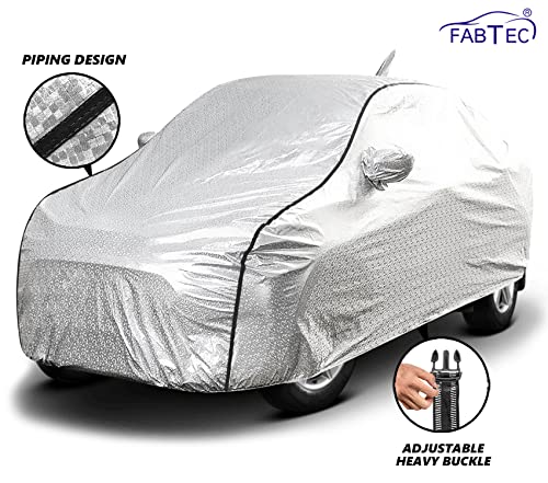 FABTEC Waterproof Car Body Cover for Maruti Baleno with Mirror and Antenna Pocket, Soft Cotton Lining, Triple Stitched (Heat Resistant Metallic Silver with Black Piping) (Image - 3)