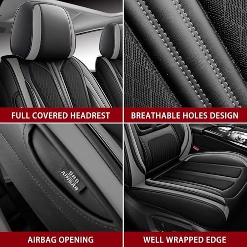 Image of Seat Covers Full Set,Nappa Leather Car Seat Covers for Front and Back,Waterproof Universal Fit Car Seat Cushion,Automotive Seat Protector for Most Sedans SUV Pick-Up Truck Sedans,Black&Grey