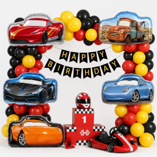 Image of Rozi Decoration Car Theme Birthday Decoration Kit with Happy Birthday Paper Banner, Racing Car Printed Foil Balloons & Latex Balloons - Pack of 68 Pcs Car Birthday Decoration Items