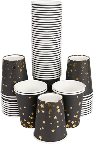Miniatura 6 de Geeklife Vasos de papel de estrellas negras y doradas, juego de tazas decorativas desechables de 9 onzas, suministros de fiesta de papel de aluminio