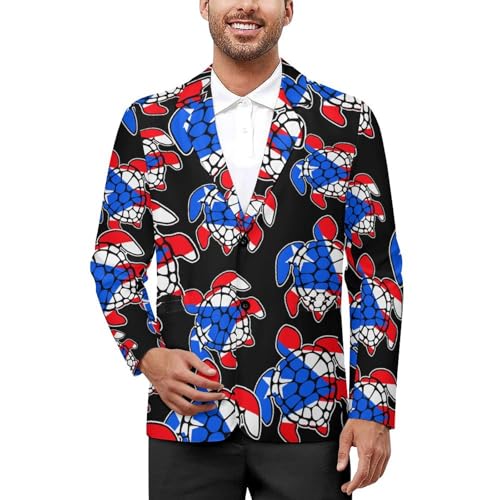 P.R. State Flag Sea Turtle Men's Slim Suit Long-Sleeve Prom Tuxedo Classic Two Button Business Jacket