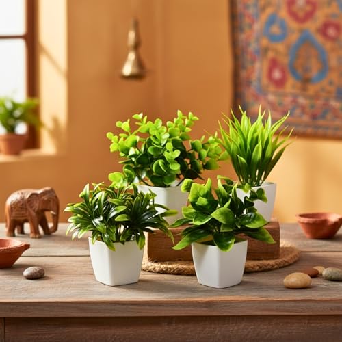 Image of DecoreBugs Artificial Potted Plants in Plastic Pot (4 Pack) Eucalyptus Plants Small Plants for Home Decor | Office Decor