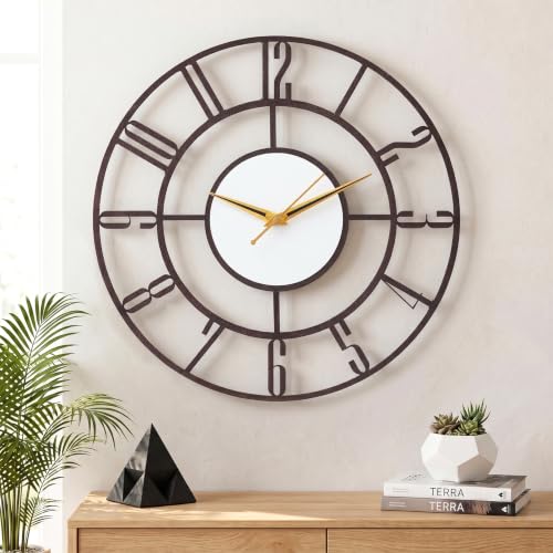 Image of Modern Mid-Century Metal Wall Clock for Living Room | Silent Sweep Movement | Large English Numeral Cut-Out Design | Gold & Black Needles | Powder-Coated Durable Frame | Antique Copper 18 Inch