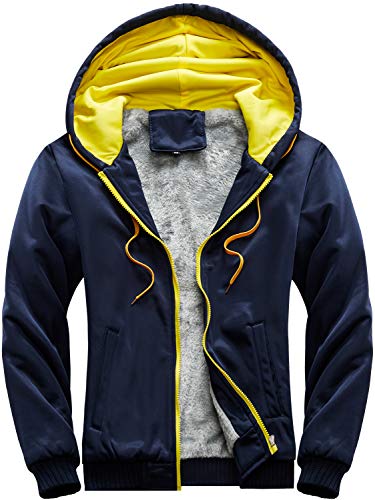 WIEAYUMEI Men Jackets Fleece Hoodie Zip up Hooded Pullover Winter Warm Fur Coats Thick Sweatshirts Jumper Navy Yellow M
