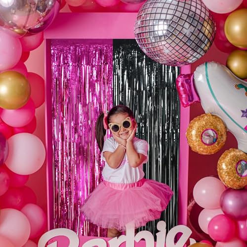 Image of BEISHIDA 4 Pcs Hot Pink Black Door Streamers Curtain Party Streamers Backdrop Pink Party Hot Pink Wall Background for Party Decoration Photo Booth Props(3.28 ft x 6.56 ft)