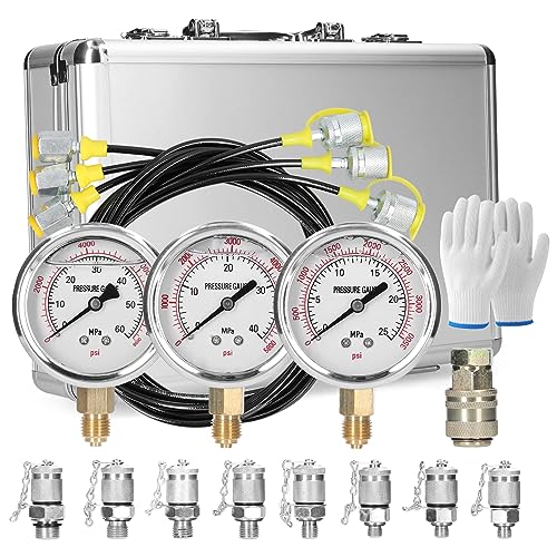 Shkalacar Hydraulic Pressure Test Kit, 25MPa/40MPa/60MPa 9 Couplings 3 Pressure Gauges 3 Test Hose Excavator Hydraulic Pressure Meauring Device with for Excavator Construction Machinery