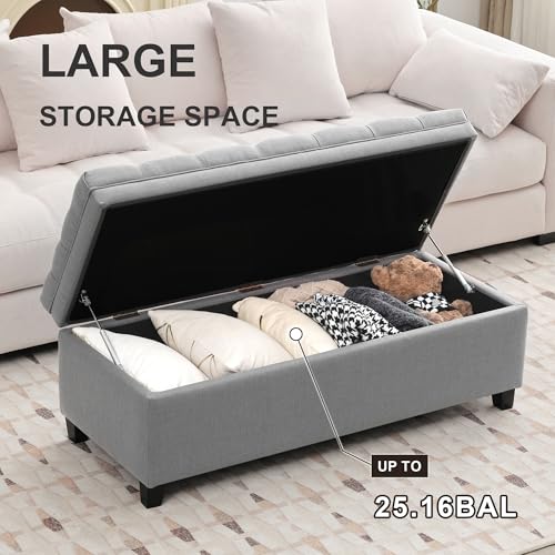 Image of 51 inch Storage Ottoman for Bedroom & Living Room, End of Bed Bench with Black Wooden Legs, Linen Upholstered Tufted Ottoman, Entryway Storage Bench, Light Grey