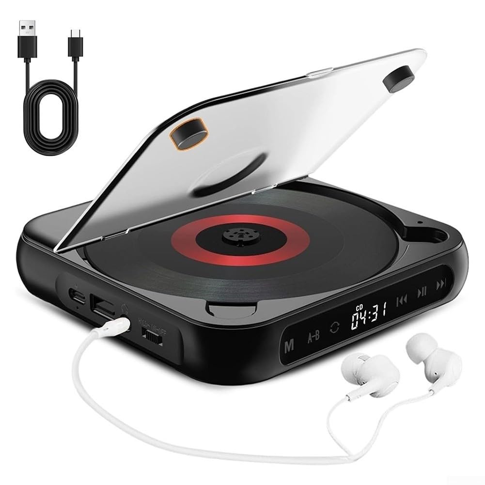 Lettore CD compatto portatile con streaming wireless - per lettore musicale alimentato a batteria per casa auto - Display a LED anti-skip nero (nero)