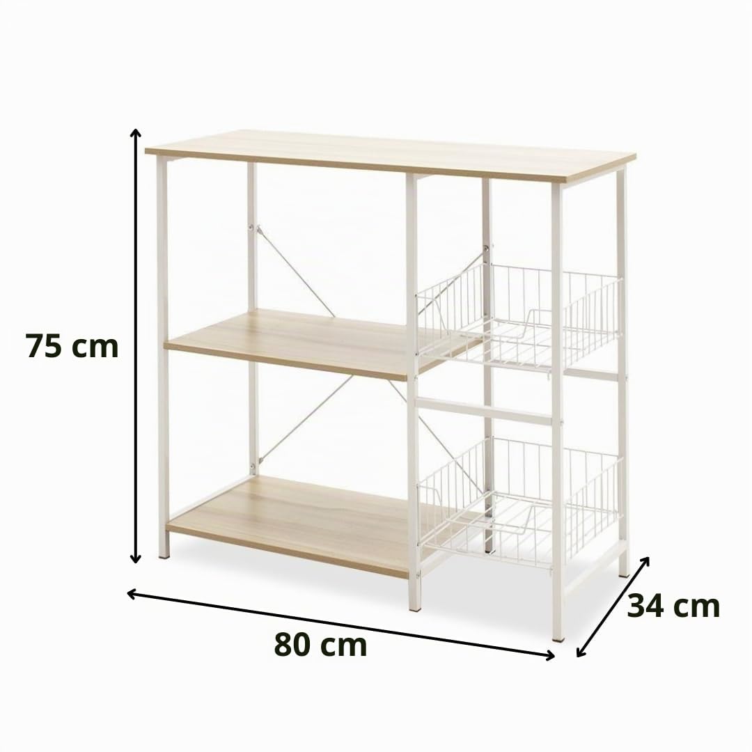 Meyvaser Estanteria de Cocina, Estantería para Microondas con 2 Cestas de Malla Metálica Blanca, 3 Estantes y Ganchos 80x34x75cm Color Madera y Blanco