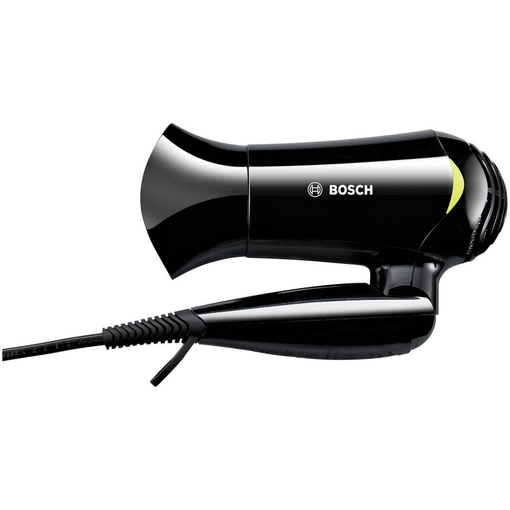 Bosch PHD 1151 Hair Dryer, a compact black and green hair dryer with a foldable handle.