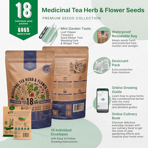 18 Medicinal Tea Herb & Flower Seeds Variety Pack - 6,100+ Non-GMO Heirloom Flower Seeds for Outdoor and Indoor Home Gardening, Including Anise, Borage, Catnip, Chamomile, Dandelion, Lavender, Sage