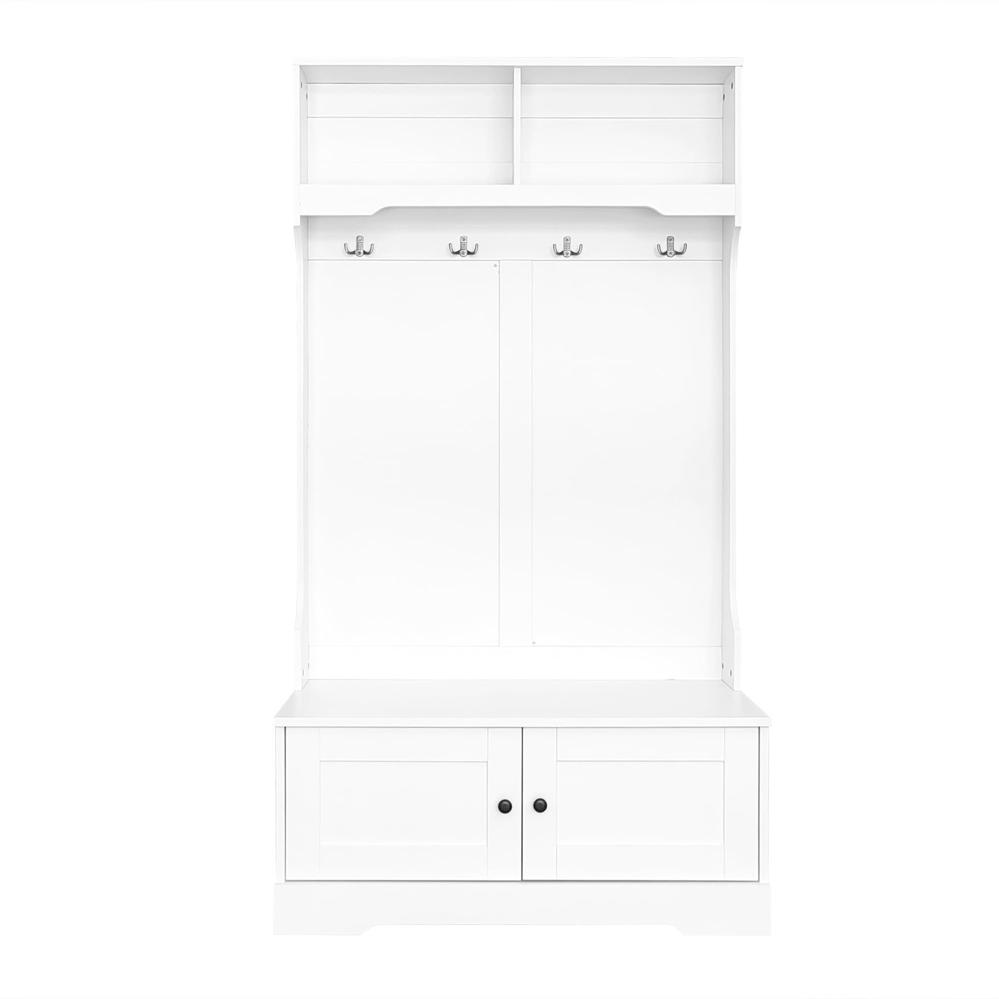 Armario de entrada blanco de 101,5 x 183 cm con espacio de almacenamiento en la parte inferior del asiento con 4 ganchos para colgar y 2 compartimentos en la parte superior para almacenamiento abierto