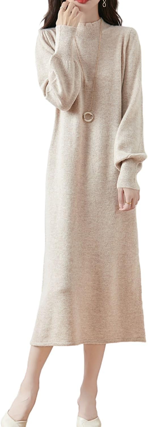 100% Merino Wool Sweater Dress Women's Mock Neck Lantern Sleeve Pullover Autumn Winter Knitted Long Dress