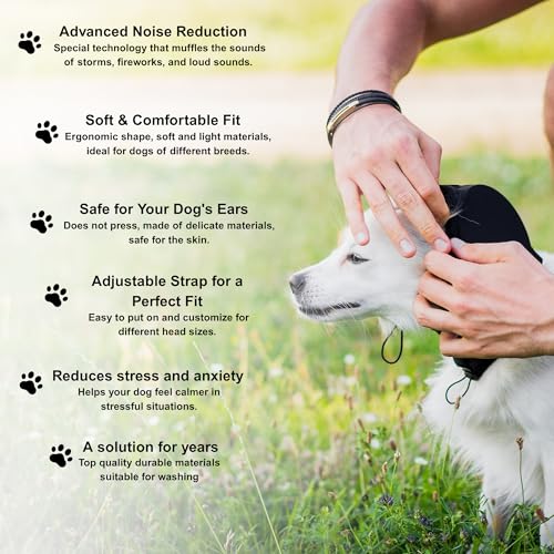 Hunde-Ohrenschützer zur Geräuschunterdrückung & Gehörschutz, bequeme Passform für Feuerwerk, Gewitter & laute Geräusche, waschbar & verstellbar für alle Rassen, Schwarz, Schwarz , L