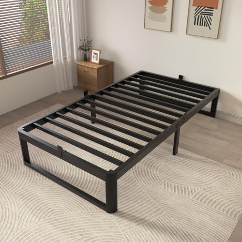 Image of ZTH Twin Size Metal Platform Bed Frame 16 in, No Box Spring Needed, Black | Heavy duty support, Underbed storage, Noise-free design, Anti-slip clips, Rounded legs, Easy assembly, Headboard compatible