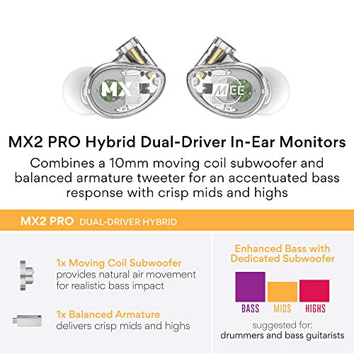 Image of MEE audio Professional MX2 PRO Dual-Driver Hybrid Musician's in Ear Monitor Headphones with Dedicated Subwoofer for Realistic Bass, Noise Isolating Earphones with Detachable Cables, Transparent